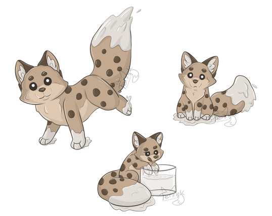 Tree little Cookie Foxes. One big just stand and looking frontal to us. One smaller is sitting and the last one is on a milk glas. Everyone leaves a milk trail.