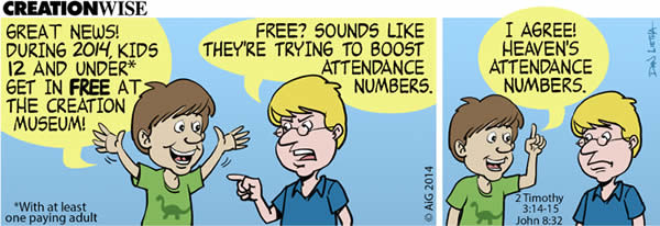 Cartoon: AiG makes creation museum attendance free. Skeptic says it's to boost attendance numbers. Creationist agrees, to boost heaven's attendance numbers.