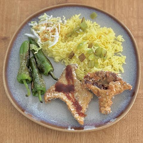 A close-up of my plate with the meal as described in the post.