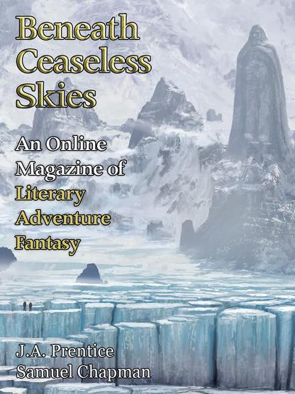 Cover art for BCS Issue #446, featuring two tiny human figures standing on a fractured mountain glacier overlooked by a monolithic statue of a cloaked bearded man