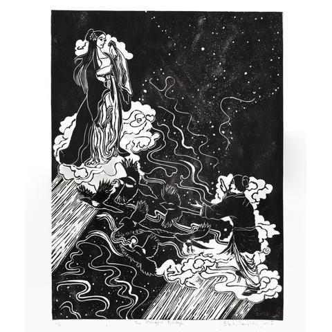 My black and white linocut the Chinese folktale of The Weaver Girl and the Cowherd, shows the Cowherd at the bottom right, reaching up towards the weeping Weaver Girl at the top left. Each stands on a stylized raining cloud. There are 6 magpies in flight, flying over raining waves of the river between them. As you look from the bottom left of the river up towards the top right the waves transform into the simple dots of the stars in the Milky Way.