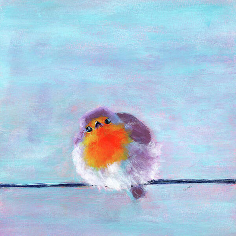 Whimsical Bird on a Wire is a handmade acrylic painting in modern square format painted by artist Karen Kaspar. A cute little robin sits fluffed up like a ball of feathers on a wire. The background is abstracted in light blue tones.