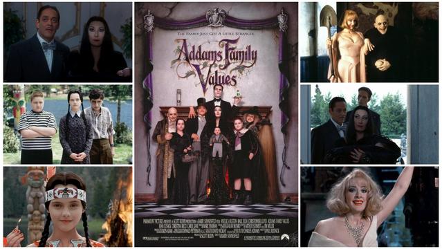 A compilation of scenes and the main poster of the film with the entire family gathered and Morticia holding baby Pubert in her arms, with screenshots left and right including Gomez and Morticia, Wednesday Addams from the iconic Thanksgiving scene lighting a match, Debbie during her final speech moment, and Fester and Debbie with her holding a shovel and showing the ring they just dug up that Fester gave her.