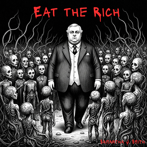 A fat white man walking among a group of child like skeletons all in black and white. The title "Eat the Rich" is in blood red at the top.