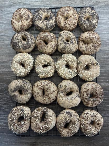 Sourdough bagels topped with sesame seeds, poppy seeds and linseed.