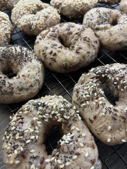 Sourdough bagels topped with sesame seeds, poppy seeds and linseed.