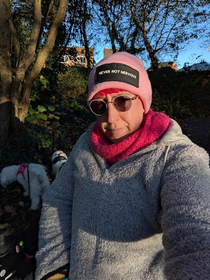 Alexis, a woman with light skin tone and pink hair wrapped up warm in a pink beanie, pink scarf, and grey fluffy coat. She is sat in her wheelchair with the dogs behind her sniffing at some trees. It is a crisp autumn afternoon with the sun already setting.