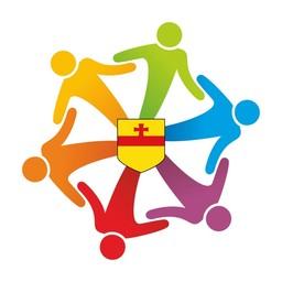 Logo der Nachbarschaftshilfe Meppen (kreisförmig um das Logo der Stadt Meppen angeordnete bunte, Hände-haltende Menschensymbole)