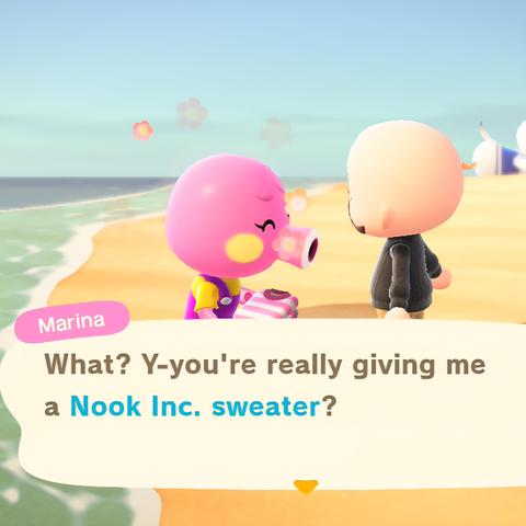 Animal Crossing: New Horizons screenshot. Set on the beach along the water's edge in daylight, a bald, light skinned human wearing a black sweater is standing next to Marina (pink octopus) who is holding a garment excitedly. She is talking and saying in a large text box at the bottom of the screen, "What? Y-you're really giving me a Nook Inc. sweater?" In the distance is Gulliver laying on the beach.
