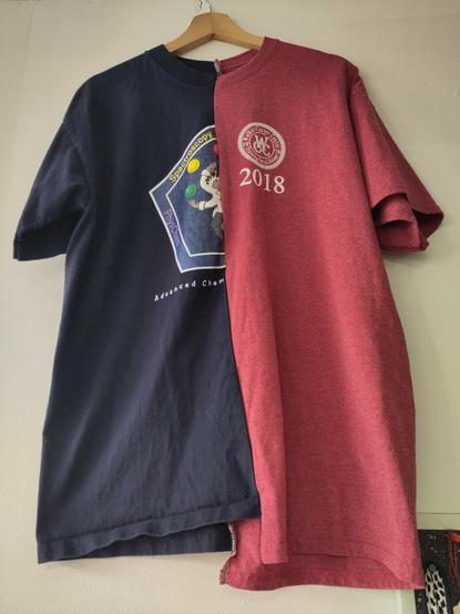 a half and half upcycled tshirt hanging on a wooden hanger