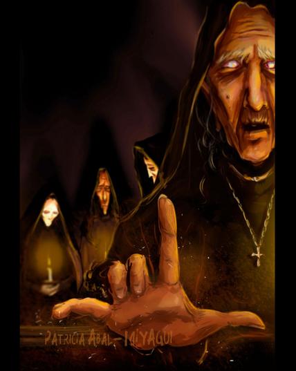 4 personajes en lo que parece un sepelio. Todos los personajes llevan velos y ropa negra. Una señora muy vieja delante hace una señal con la mano a la persona que mira el cuadro (perspectiva del muerto). Otras tres con velas están detrás rezando. Dibujo en colores ocres, marrones y naranjas