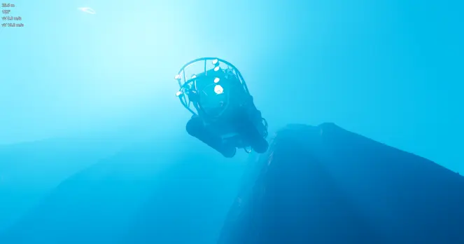 Screenshot of the game. A submarine viewed from below with headlights turned on.