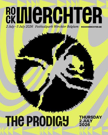 A graphic poster for Rock Werchter festival featuring a lime green and grey psychedelic swirl background. In the centre is a black, stylized, jagged silhouette of an ant, the logo of the band The Prodigy. Above the ant logo, black text reads "Rock Werchter" with the dates "2 July - 5 July 2026 Festivalpark Werchter Belgium" and the website "rockwerchter.be". Below the logo, large bold black text reads "The Prodigy" followed by smaller text "Thursday 2 July 2026".