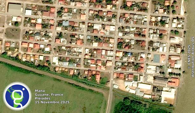 Extrait d'image satellite Pléiades sur le bourg de la commune de Mana.