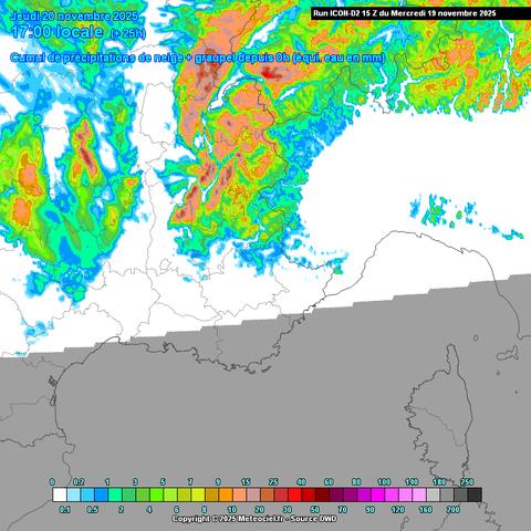 Cumul modélisé neige + graupel issu du modèle allemand ICON-D2. Ces valeurs donnent le potentiel maximum de neige au sol, sans prise en compte de la fonte en journée et du tassement de la couche de neige au fil des heures.