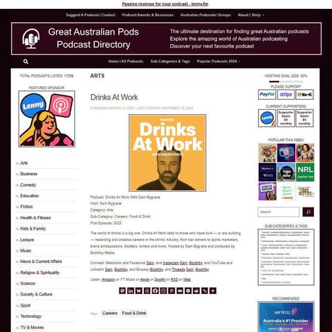 Drinks At Work With Sam Bygrave
Screenshot of the podcast listing on the Great Australian Pods website