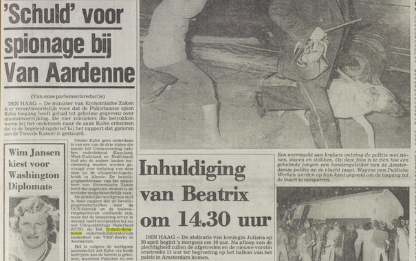 Krantenkop 'Schuld' voor spionage bij Van Aardenne. En daarnast kop 'Inhuldiging van Beatrix om 14.30 uur'