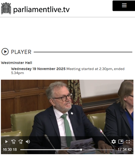 Westminster Hall
Wednesday 19 November 2025 Meeting started at 2.30pm, ended 5.34pm
screenshot of video