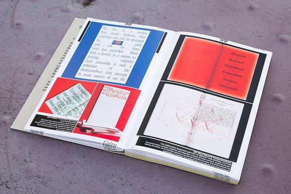 An open magazine displaying colorful pages with text and diagrams discussing society, science and cultural perspectives.