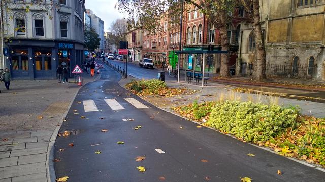 A wide two way cycle track with a zebra crossing over it. Footway and shops to the left and the road to the right after a planted verge strip.