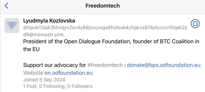 Lyudmyla Kozlovska
No bio pix, no strapline pix.
Bio reads; President of the Open Dialogue Foundation. Founder of BTC Coalition in the EU
Support our advocacy for the freedom tech ; donate @ bps dot odfoundation dot eu
Website ; en dot odfoundation dot eu