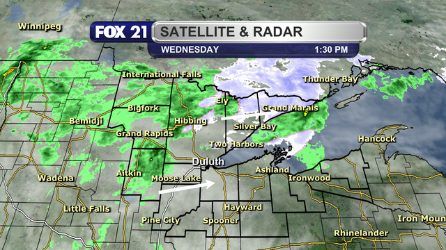 The satellite and radar over the Northland at 1:30 p.m. on November 19, 2025, shows a scattering of showers over northeast Minnesota, with most of them north of Highway 2.  The rest of the region is under cloudy skies, with precipitation moving from west to east, with a slight northeast tilt.  Most of it is rain showers, but some snowflakes are possible in the Boundary Waters and Arrowhead regions.