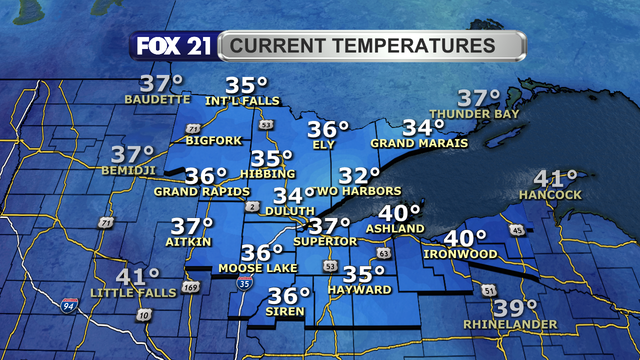 Temperatures in the Northland just after 1 p.m. on November 19, 2025, range from 32 to 40 degrees Fahrenheit.