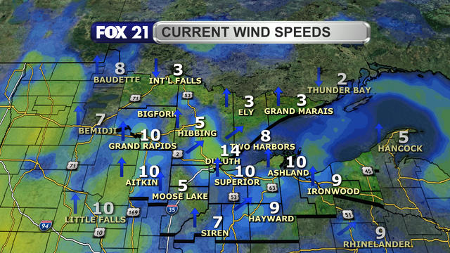 Wind speeds in the Northland just after 1 p.m. on November 19, 2025, range from 3 to 14 mph.  Wind direction is primarily from the southwest and south.