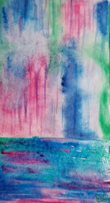 Watercolor of what it looks like when you glance outside on a day so rainy everything is reduced to blurry blues, greens, & pinks.
