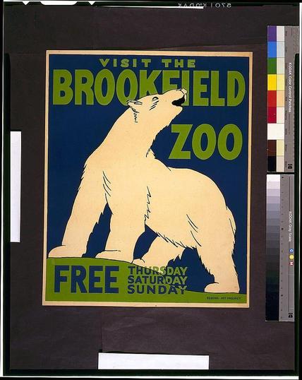 The image depicts a poster promoting visits to Brookfield Zoo. The central graphic is of an upright polar bear silhouette, rendered in yellow against a blue background. Above the bear's head are green capitalized letters that read "VISIT THE BROOKEFIELD ZOO." Below this text and centered on another layer of green, also appearing capitalized but slightly smaller than above, states "FREE," followed by specific days: "THURSDAY SATURDAY SUNDAY" in even larger blue block lettering. The poster has a notable design with contrasting colors that make the message prominent for viewers. It appears to be a vintage piece given its style and color usage, indicating it might have been created around 1936 as suggested by the reference information provided.