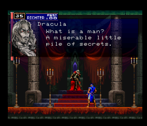 An infamous screenshot from a Castlevania game where Dracula rhetorically asks "What is a man? A miserable pile of secrets"