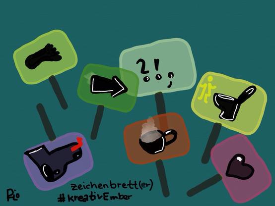 A collection of colored signs featuring simple illustrations such as a foot, an arrow, a figure, a toilet, a steaming mug, and a heart. The image includes text with the words "zeichnenbrett(er)" and the hashtag "#kreativEmber

Eine Sammlung von farbigen Schildern mit einfachen Illustrationen wie einem Fuß, einem Pfeil, einer Figur, einer Toilette, einem dampfenden Becher und einem Herzen. Das Bild enthält Text mit den Worten "zeichnenbrett(er)" und dem Hashtag "#kreativEmber