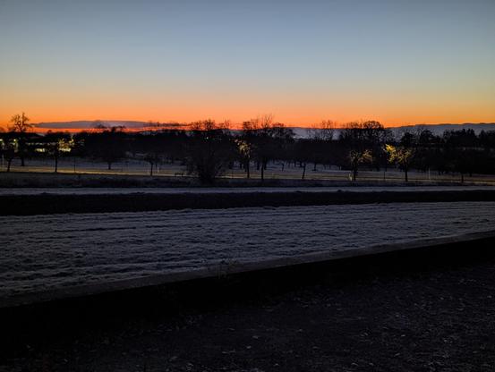 Dunkle Morgenstimmung, klarer leicht heller Himmel, ein roter Streifen über dem Horizont, Reif auf der Wiese im Vordergrund.
