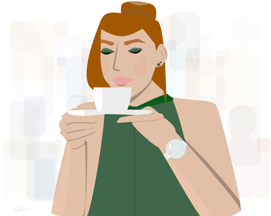 A stylized vector illustration of a woman with warm auburn hair tied in a small bun, holding a white ceramic cup and saucer close to her face as she gently breathes in the aroma. She wears a sleeveless green top and a minimalist white wristwatch with tiny coffee-cup markers. Soft green eyeshadow and small green stud earrings complete her look. Behind her is a blurred, abstract background made of pale shapes suggesting a busy café crowd fading into the distance, creating a calm moment of stillness around her.