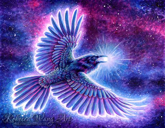 A raven in purple colors carrying a glowing orb in his beak among a starry sky.