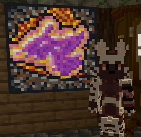 minecraft screenshot. my striped hyena sona standing next to a pixel art abstract painting made with the Joy of Painting mod. the painting is a purple textured abstract shape with yellow and purple outlining and highlights, on a red, orange, and yellow textured background, with a black, grey, and brown textured border