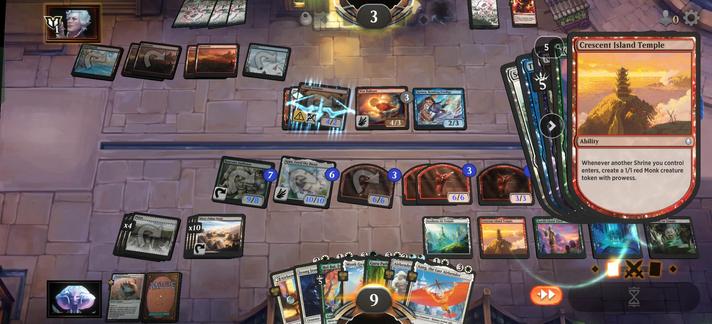 A screenshot of Magic the Gathering: Arena, in a game of the new Avatar set, with all five shrines on the battlefield on my side and all five of their triggers on the stack. I am at 9 life and the opponent is at 3 life.