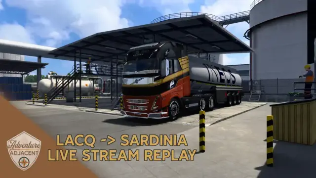 A Volvo FH16 attached to a tanker trailer from Ineos parked at an industrial depot in Euro Truck Simulator 2, used as a thumbnail for a virtual road trip from Lacq to Sardinia on Adventure Adjacent’s live stream replay, with the brand badge and title text overlay.