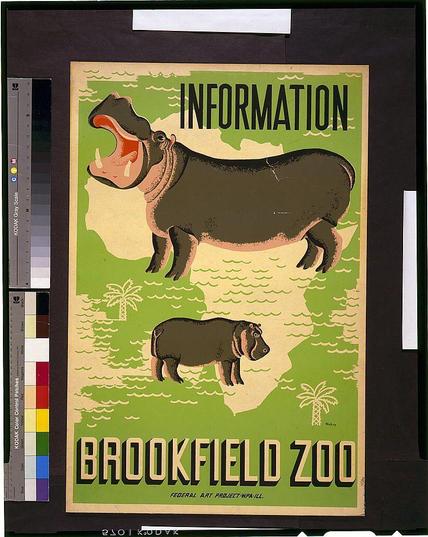 The image displays a vintage poster from the Brookfield Zoo, featuring two hippopotamuses. The larger hippo is depicted with its mouth wide open, revealing sharp teeth and pink gums. Above it, large bold letters spell out "INFORMATION," while below the animals reads "BROOKFIELD ZOO." A smaller, subadult hippopotamus stands to the right of the first animal in a more neutral pose. The background consists of green fields outlined with wavy lines representing water or grassy terrain. Above this field is an outline that resembles Africa's shape. Palm trees and additional outlines suggest vegetation around the hippos' habitat. This poster appears to be part of a Federal Art Project, as indicated by text at the bottom: "FEDERAL ART PROJECT-WPA-ILL." The overall color scheme includes green for the background with beige tones outlining features on land or water.