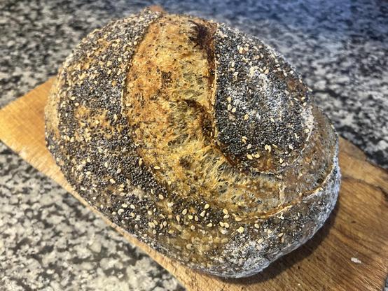 A fresh loaf of seedy sourdough bread.