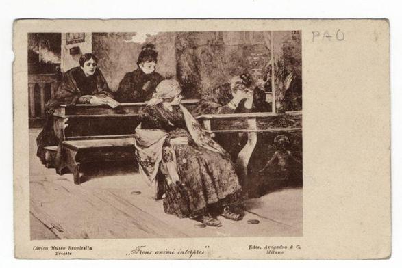 This image depicts a vintage black and white photograph of four women sitting on what appears to be the interior bench seating of an old train or tram. They are dressed in period attire, suggesting this photo could date from late 19th to early 20th century fashion styles, with long coats, hats, and flowing dresses. The setting has a muted sepia tone indicating age, possibly dating back over a hundred years.

The women exhibit various expressions; one looks forward thoughtfully, another rests her chin on her hand in contemplation or boredom, while the third woman holds what seems to be an infant wrapped up warmly between her lap and chest. A fourth figure is partially visible at the edge of the photo behind them, also engaged with a device that could possibly be reading material.

The text overlay includes "Civico Museo Revoltella Trieste" indicating the museum where this piece might reside or was taken from in Trieste (Trieste), Italy and an Italian phrase below it which translates to "...frens animi interpretes..." meaning... "in the interpretation of crazy minds". There's also a reference code at the top right corner, possibly identifying cataloging information for archival purposes.

The condition of the photo suggests age with some wear; it appears mounted or carded as is typical for postcards from that era.