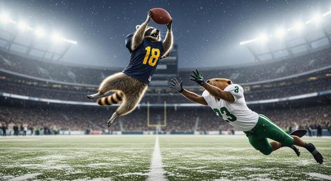 Raccoon (Navy) vs. Beaver (Green/White): “Photorealistic image from the gridiron, a cute raccoon in a dark navy football uniform is making a tricky, acrobatic catch. A cute beaver in a white and green uniform is diving to break up the play. Winnipeg stadium, 6 PM, mid-November dusk, stadium lights on, light snow falling. Agile and cute.”