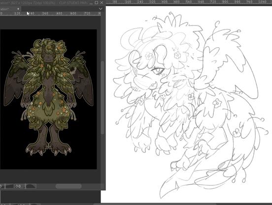 a sketch of a gargoyle themed character covered in grass