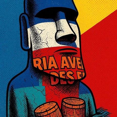 Illustration de style pop art. C'est un moaï paré des couleurs du drapeau français, deux tonnelets à ses pieds. Le moaï présente une fissure, faisant référence au sujet abordé dans le toot.