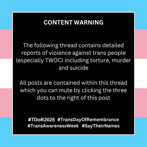 CONTENT WARNING
The following thread contains detailed reports of violence against trans people (especially TWOC) including torture, murder and suicide
All posts are contained within this thread which you can mute by clicking the three dots to the right of this post
#TDoR2025 #TransDayOfRemembrance #TransAwarenessWeek #SayTheirNames