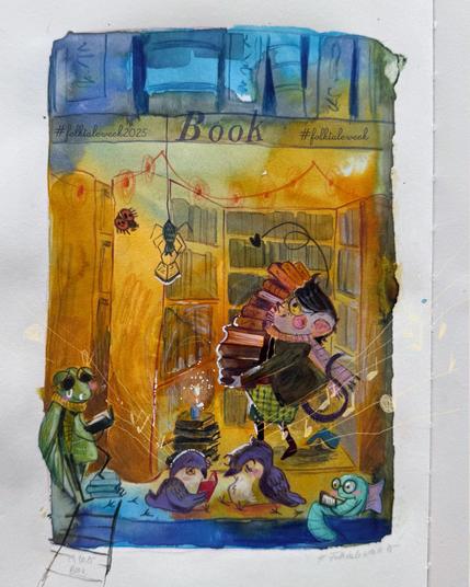 An illustration depicting a whimsical booknook scene. A mouse character balancing many books is at the center, surrounded by a grasshopper reading, two birds engrossed in a book, and a cheerful wyrm, a spider and ladybird. The backdrop features bookshelves and warm lighting, enhancing the cozy atmosphere.