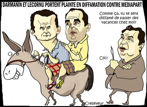 Caricature de Darmanin et Lecornu en tenue d'été et en balade sur un âne. Derrière eux le propriétaire de l'âne: "comme ça tu te sens diffamé de passer des vacances chez moi"! Il ouvre un couteau à cran d'arrêt.