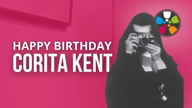 Black and white photo of Corita Kent in her days as Sister Mary Corita in a traditional Catholic nun's habit, holding up an analogue camera. Text says: Corita Kent. Teach with Film. Journeys in Film.