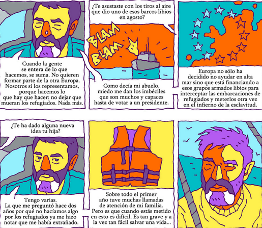 Fragmento de la historieta sobre Open Arms para la revista Anfibia