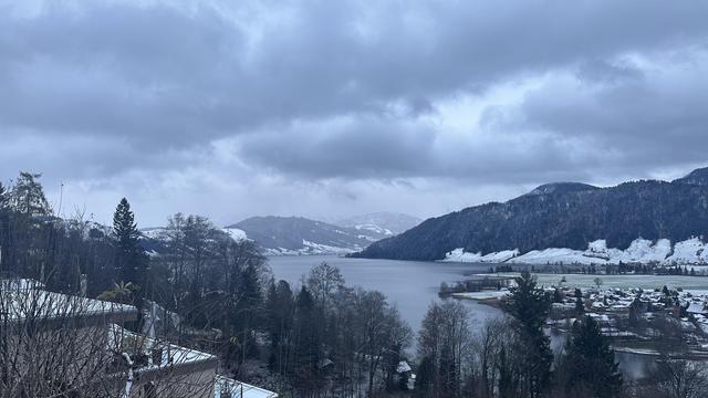 Winter trees and hills surround a winter lake. The shores and rooftops have a dusting of snow. The sky is filled with clouds and everything looks blue gray.